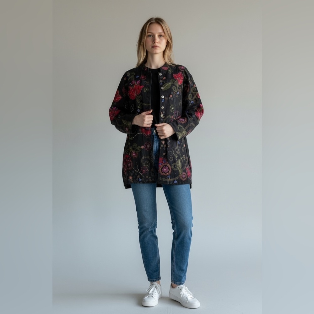 CHICO’S Black Floral Embroidered mandarin collar midi jacket size XL